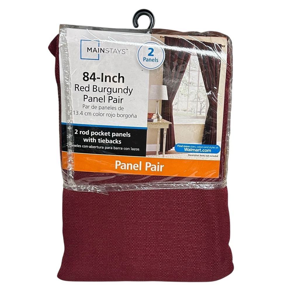 Mainstays Red Burgundy Panel Pair Rod Pocket with Tiebacks 40" x 84"‎ Linen Look
